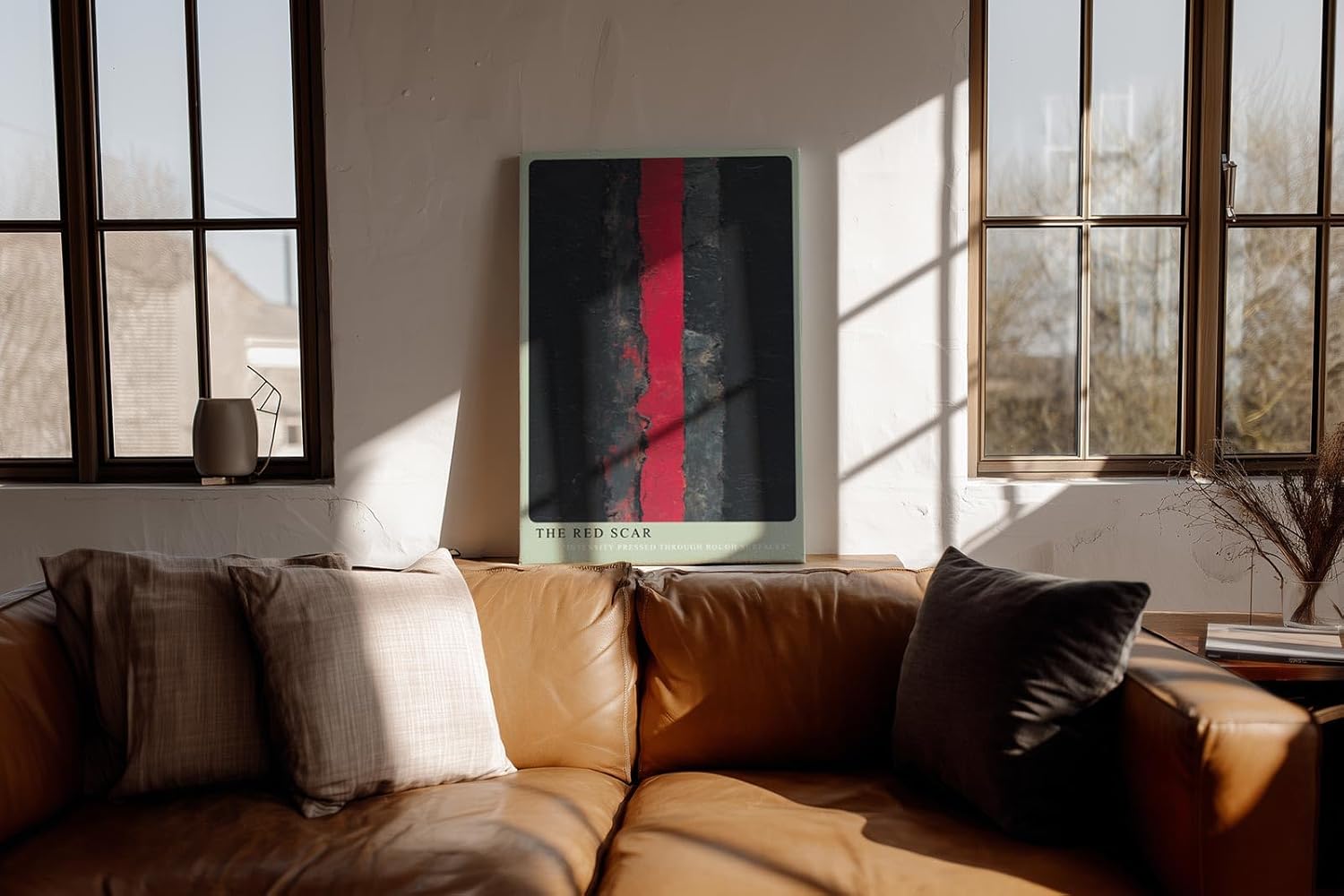 Paul Sinus Wandbild in 40x60cm The Red Scar – Abstraktes Kunstwerk mit intensivem rotem Streifen auf dunklem Grund