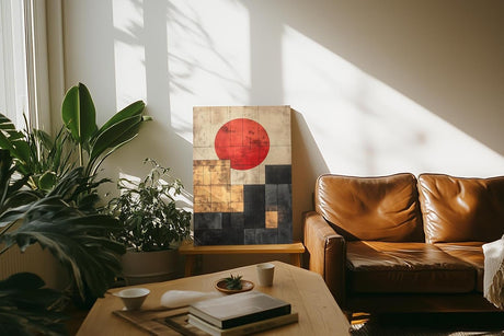 Paul Sinus 60x90cm Wandbild Kraftvolle Geometrie – Abstraktes Fokuskunstwerk mit roter Sonne und klaren Formen