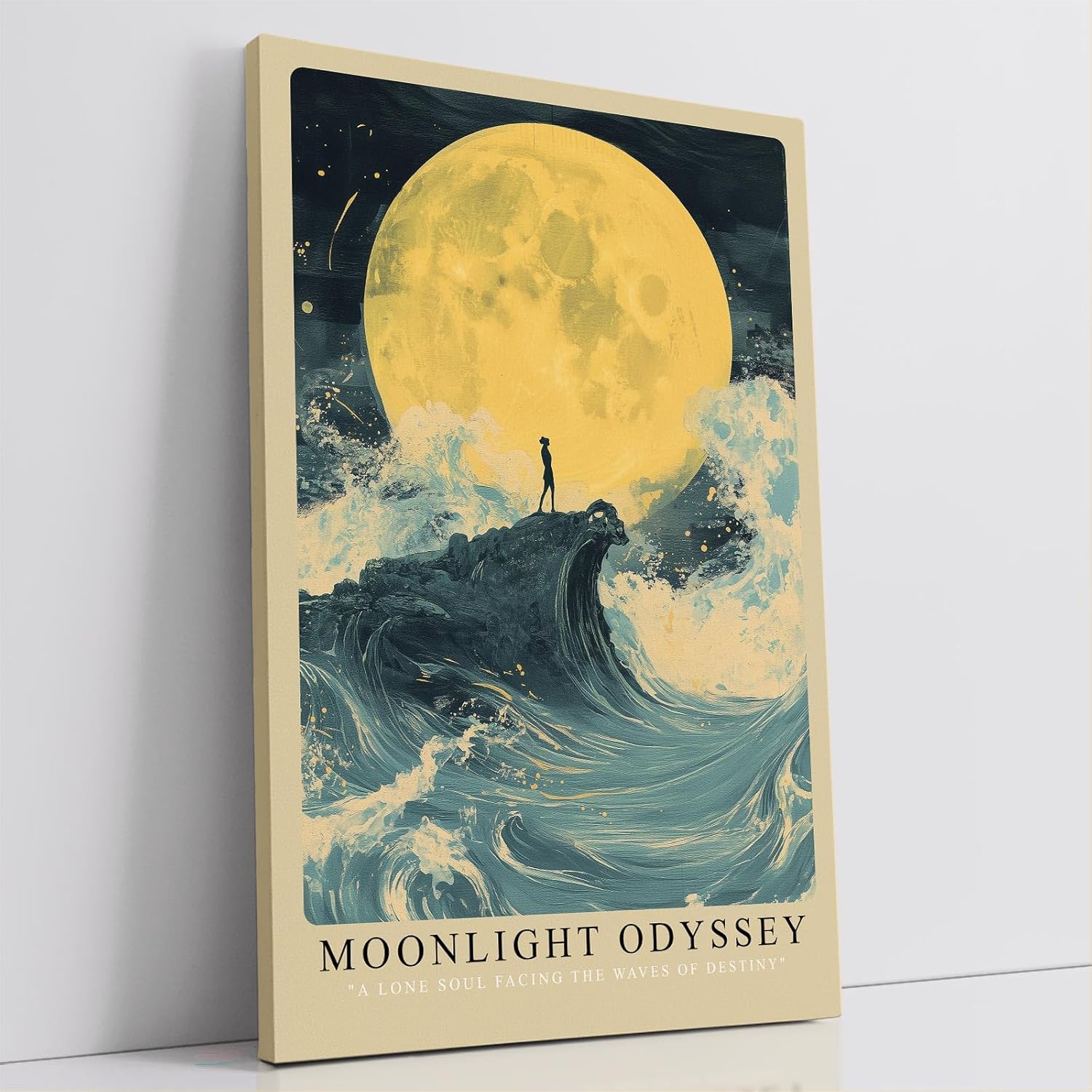 Paul Sinus Leinwandbild 80x120cm Moonlight Odyssey – Mystische Mondszene mit einsamer Silhouette auf einer Welle, umgeben von stürmischem Meer