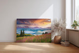 Sinus Art Wandbild 120x80cm Farbige Bergwiese mit Nebelschwaden und dramatischem Himmel für emotionale Raumwirkung