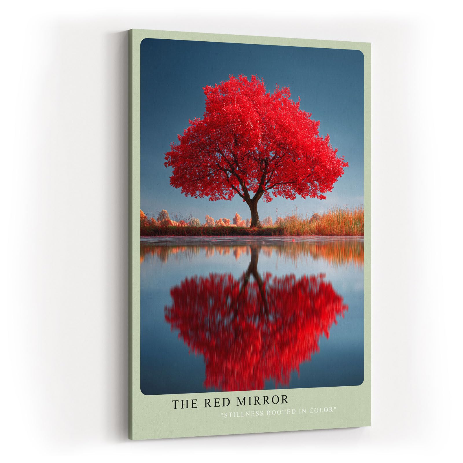 Paul Sinus Wandbild in 40x60cm The Red Mirror Strahlender roter Baum mit perfekter Spiegelung im Wasser vor sanfter Landschaftskulisse
