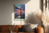 Paul Sinus Wandbild in 40x60cm Segelboot im Abendlicht mit roten Segeln auf ruhigem Wasser – maritimes Kunstwerk voller Farbintensität