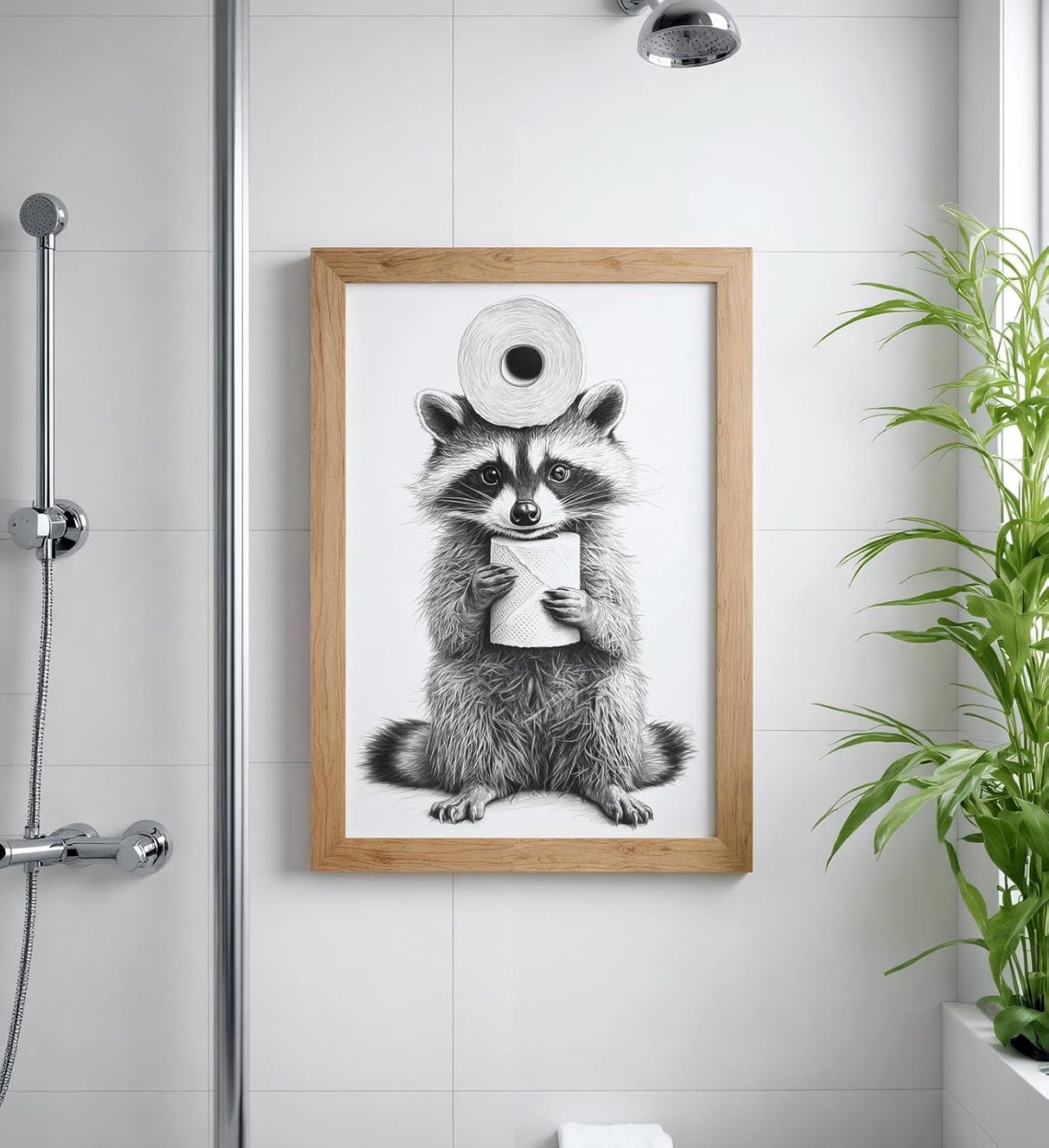Paul Sinus Poster/Leinwandbild/Rahmenoption – Waschbär mit Klopapier – Lustige WC-Deko für dein Badezimmer