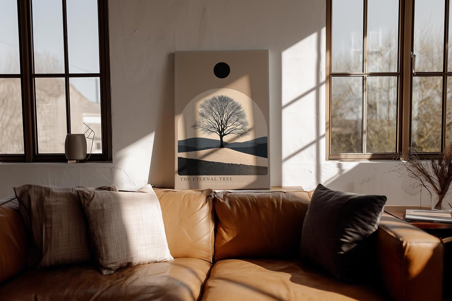 Paul Sinus Wandbild in 40x60cm Baum im Lichtkreis mit schwarzer Sonne über minimalistischer Landschaft