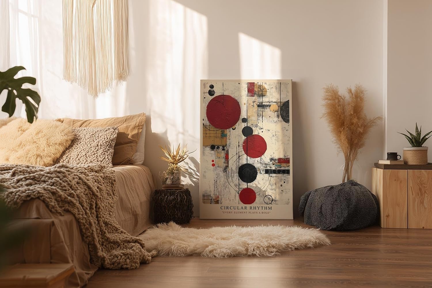 Paul Sinus Wandbild in 40x60cm Circular Rhythm – Geometrische Komposition aus roten, schwarzen und goldenen Kreisen mit strukturiertem Hintergrund