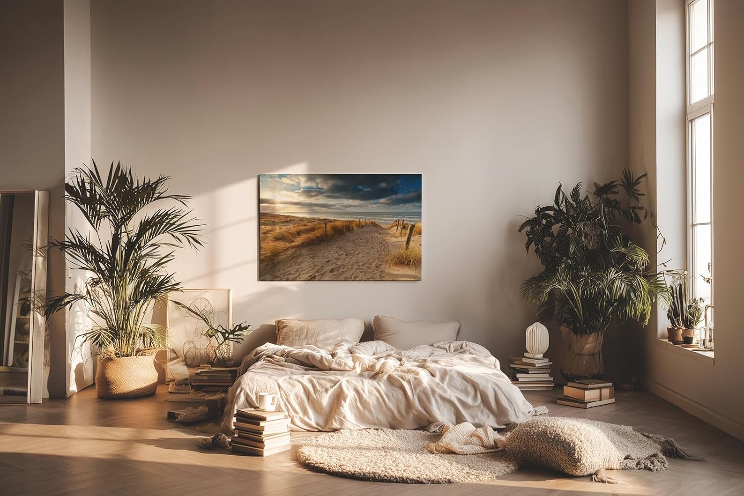 Sinus Art Wandbild 120x80cm Sandweg durch Dünen in goldener Abendstimmung für entspannte Raumwirkung