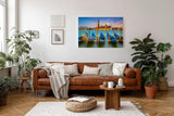 Sinus Art Wandbild 120x80cm Gondeln schaukeln vor San Giorgio Maggiore im warmen Licht der untergehenden Sonne