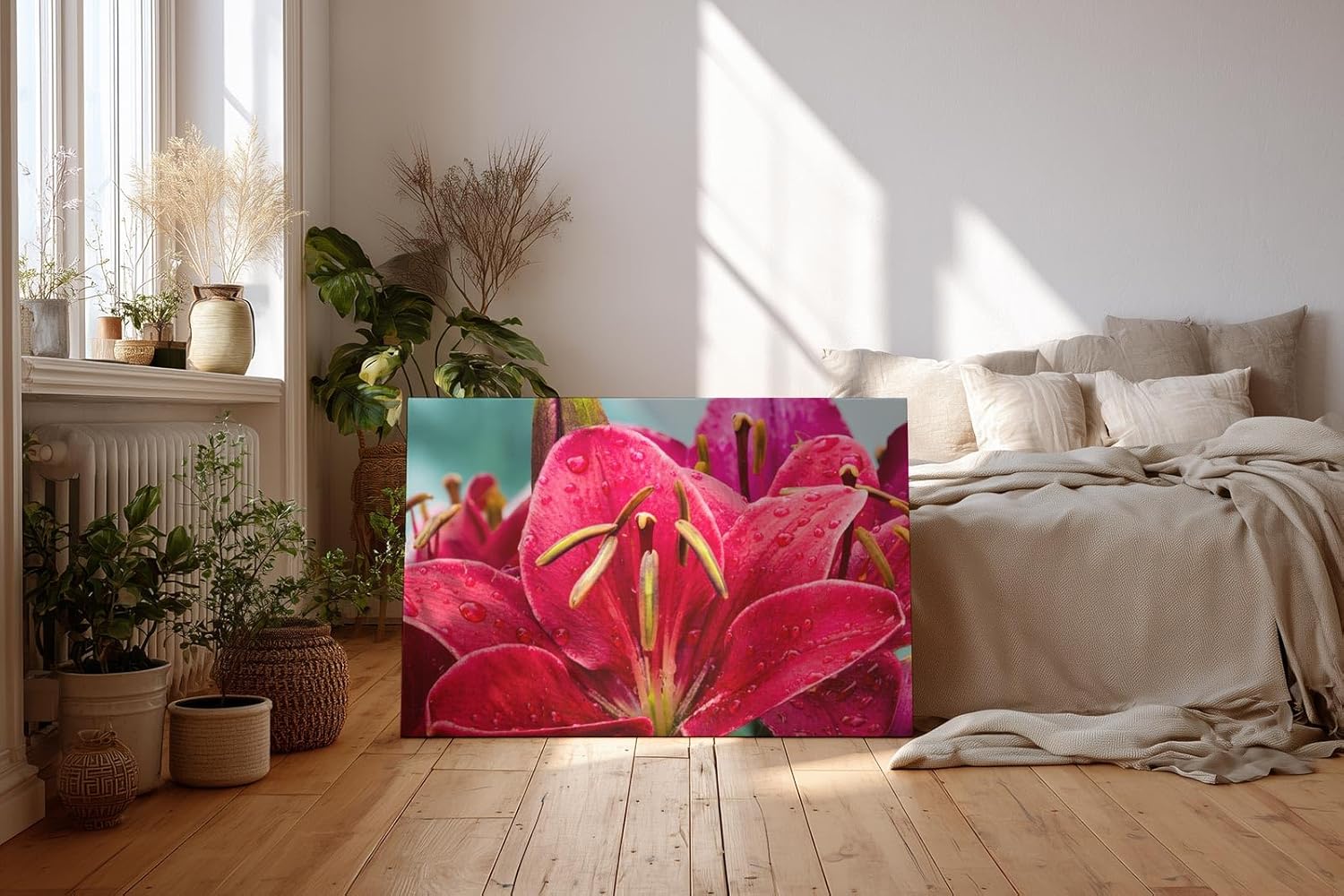 Sinus Art Wandbild 120x80cm Faszinierende Makroaufnahme einer roten Lilie mit feinen Regentropfen