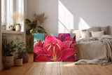 Sinus Art Wandbild 120x80cm Faszinierende Makroaufnahme einer roten Lilie mit feinen Regentropfen