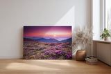 Sinus Art Wandbild 120x80cm Farbintensive Blumenwiese mit lila Blüten unter farbenfrohem Abendhimmel