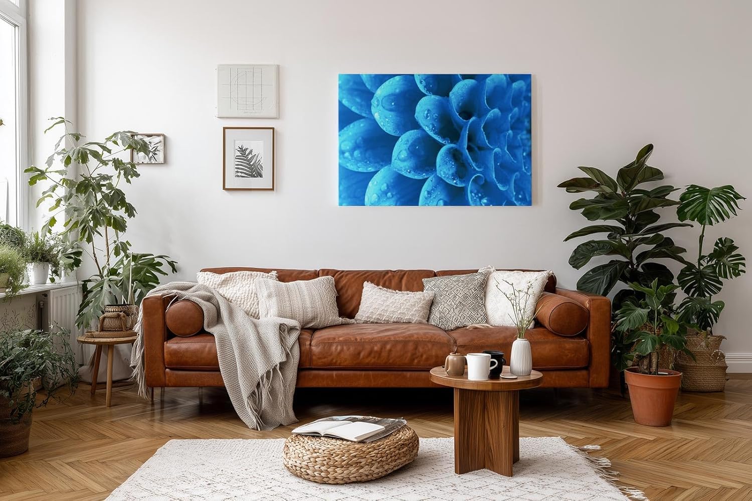 Sinus Art Wandbild 120x80cm Die Tropfen auf der blauen Blüte bringen Frische, Eleganz und Tiefe in den Raum
