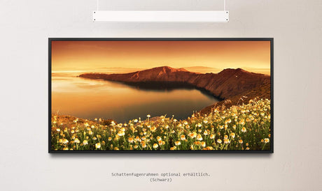Sonnenuntergang in Santorini ca. 130x70cm Wandbild inklusive Schattenfugenrahmen schwarz - Panorama Leinwand Bild XXL Format Wandbilder Wohnzimmer Wohnung Deko Kunstdrucke
