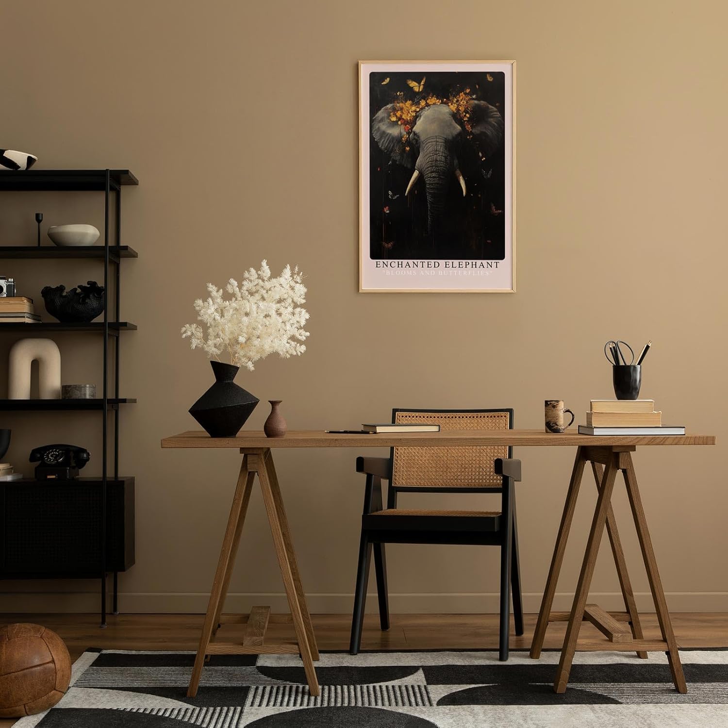 Paul Sinus Leinwandbild 60x90cm mystischer Elefant mit floraler Krone und Schmetterlingen, ausdrucksstarke Wandkunst in dunklen Tönen