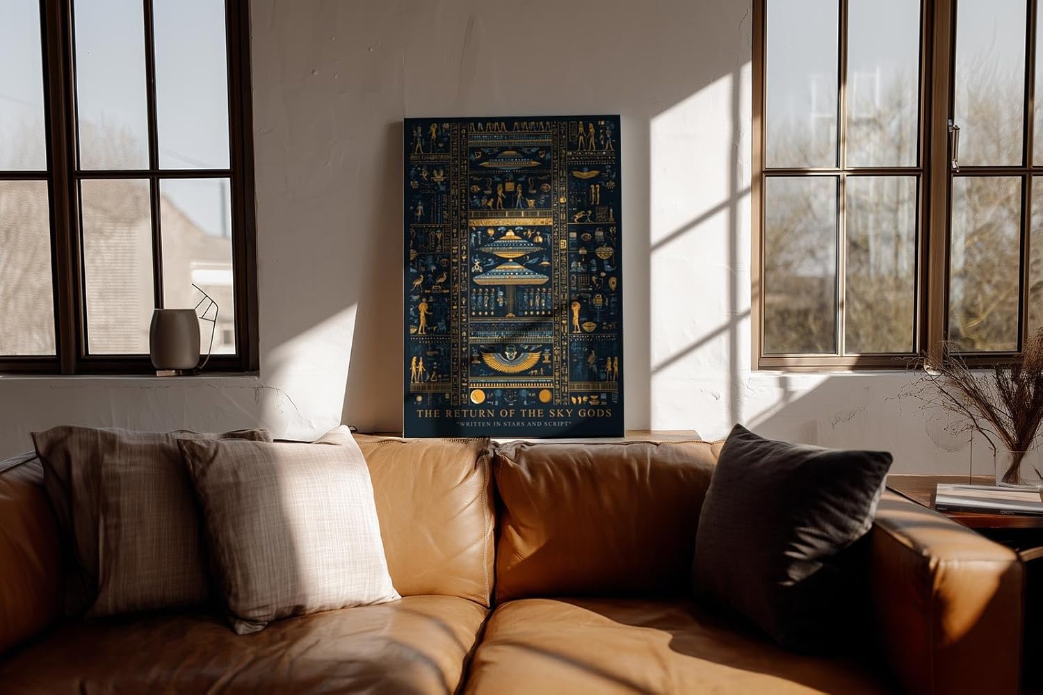 Paul Sinus Wandbild in 40x60cm The Return of the Sky Gods – Goldene und blaue Hieroglyphen mit futuristischen Raumschiffen
