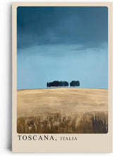 Paul Sinus Leinwandbild 80x120cm Toscana Minimalismus – Weite Landschaft mit sanften Feldern und charakteristischer Baumreihe unter klarem Himmel