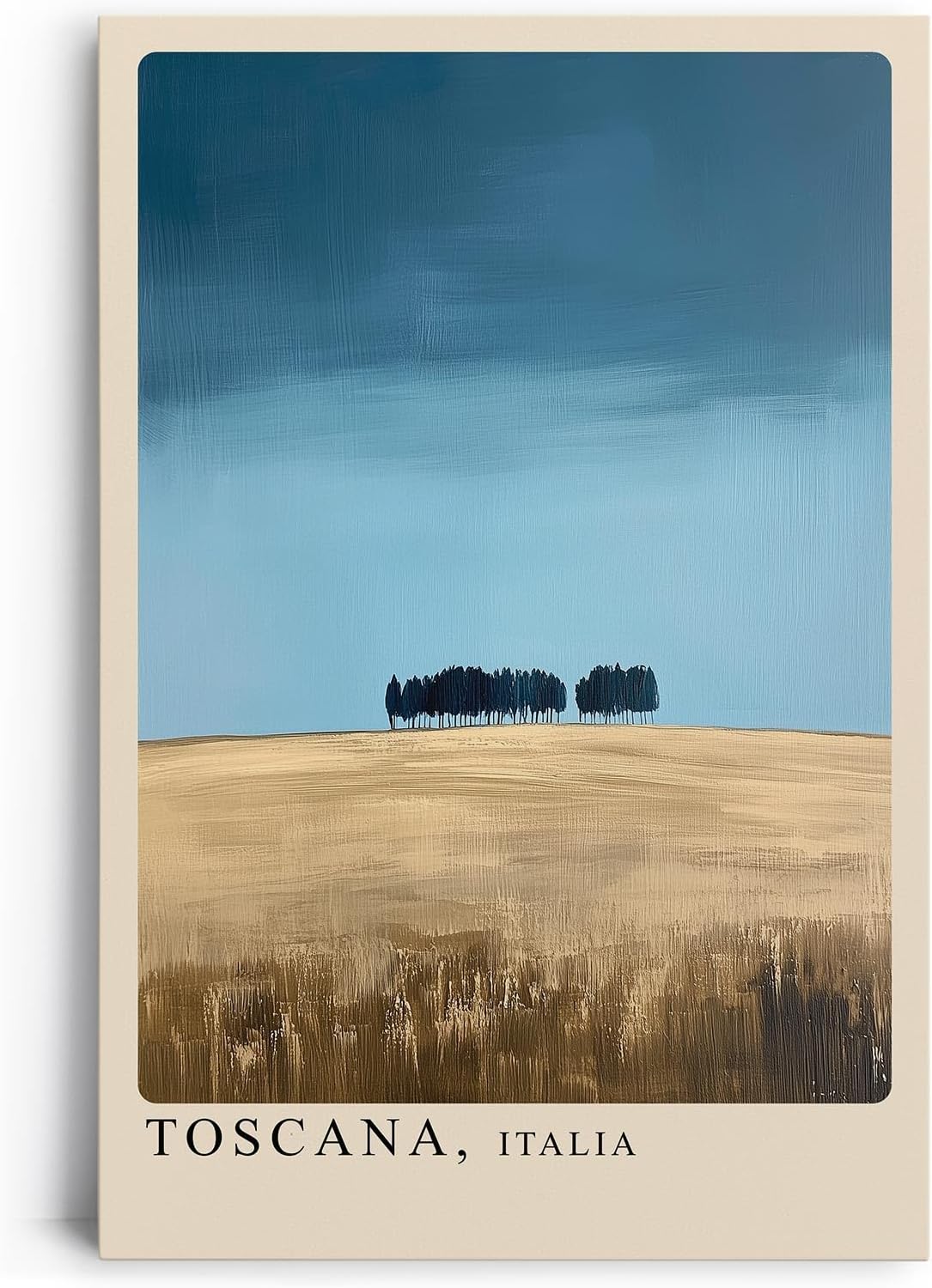 Paul Sinus Leinwandbild 80x120cm Toscana Minimalismus – Weite Landschaft mit sanften Feldern und charakteristischer Baumreihe unter klarem Himmel