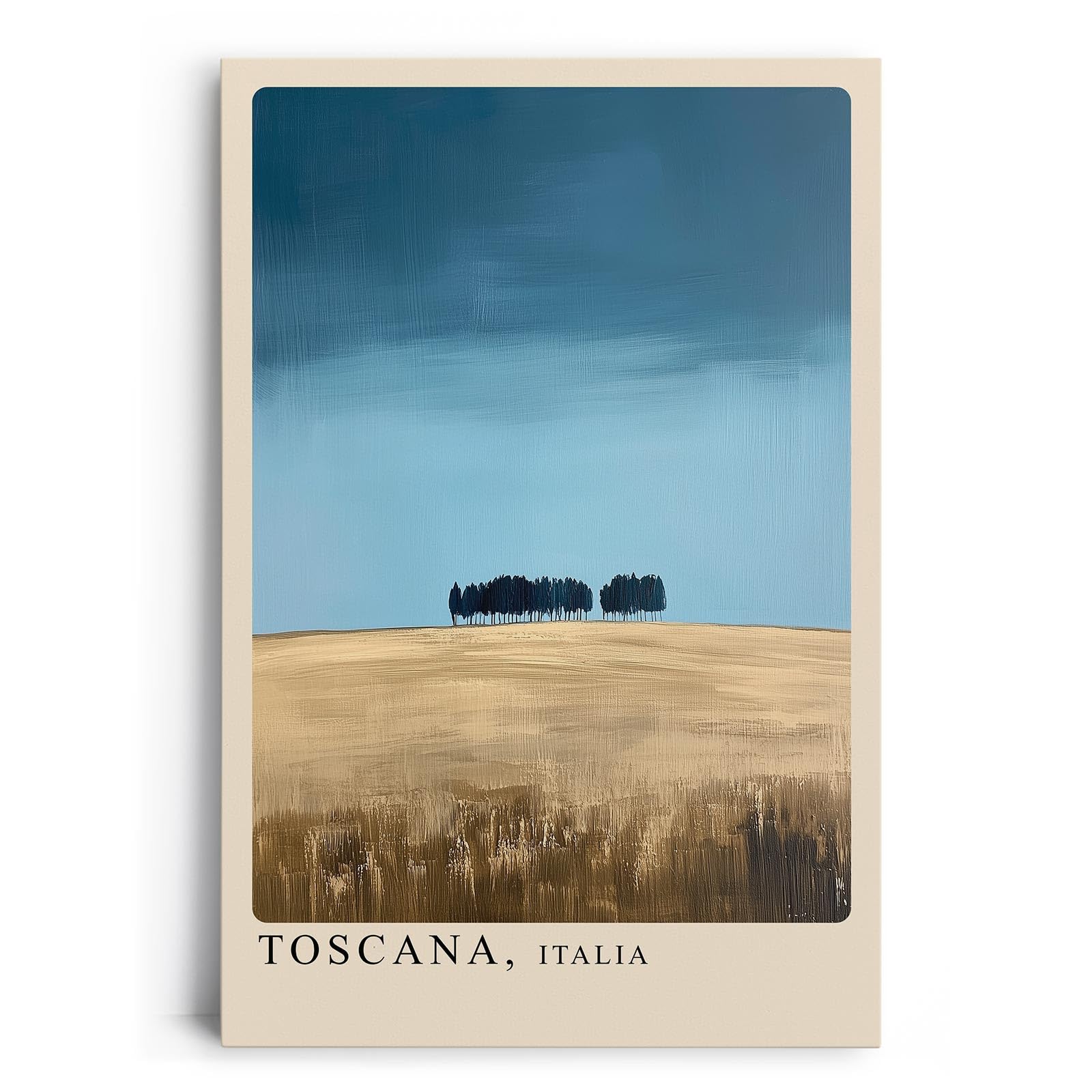 Paul Sinus Leinwandbild 80x120cm Toscana Minimalismus – Weite Landschaft mit sanften Feldern und charakteristischer Baumreihe unter klarem Himmel