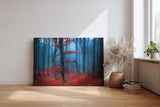 Sinus Art Wandbild 120x80cm Roter Baum vor blauem Nebel – geheimnisvoll, künstlerisch und emotional wirkungsvoll