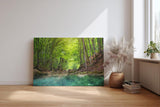 Sinus Art Wandbild 120x80cm Friedlicher Fluss mit glasklarem Wasser inmitten eines grünen Laubwaldes