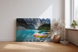 Sinus Art Wandbild 120x80cm Bergsee mit Kanus vor atemberaubender Bergkulisse für inspirierende Raumwirkung