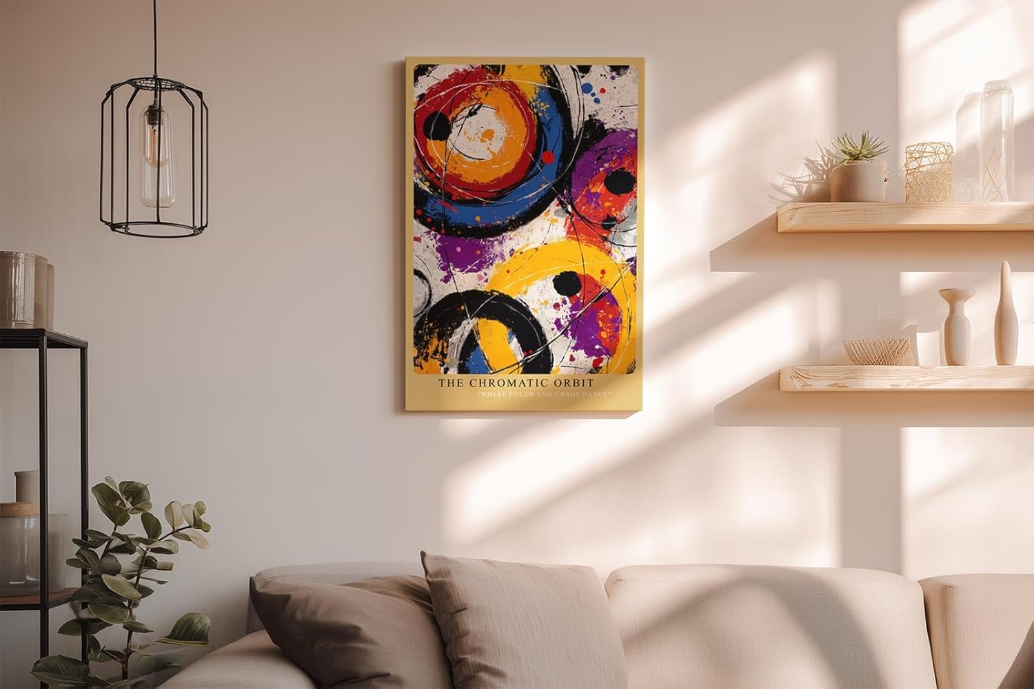 Paul Sinus Wandbild in 40x60cm The Chromatic Orbit – Abstrakte Kreisformationen in kräftigem Orange, Blau, Violett, Rot und Schwarz mit dynamischen Farbspritzern