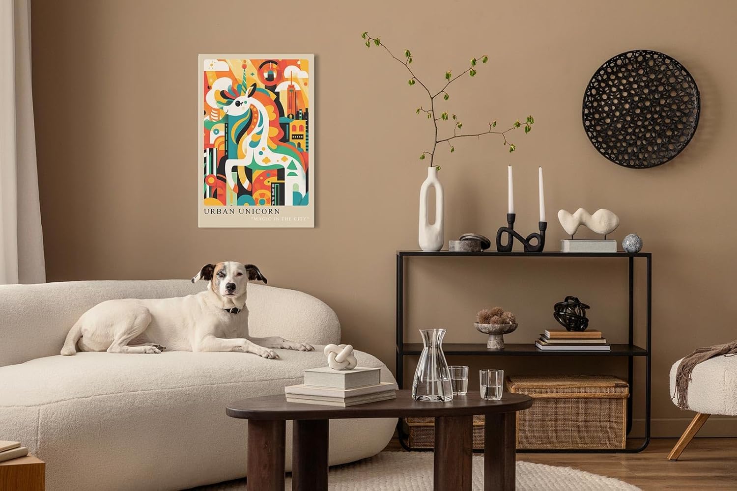 Paul Sinus Leinwandbild 60x90cm Leinwandbild Urban Unicorn magische Stadtfarben verspielte Fantasie moderne Pop-Art lebendige Ästhetik abstrakte Metropole