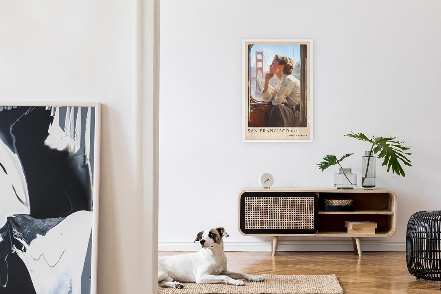 Paul Sinus Leinwandbild 60x90cm City by the Bay – San Francisco, Golden Gate Bridge, Nostalgie, Reise, Retro, Vintage, Romantik, Frau, Bahn