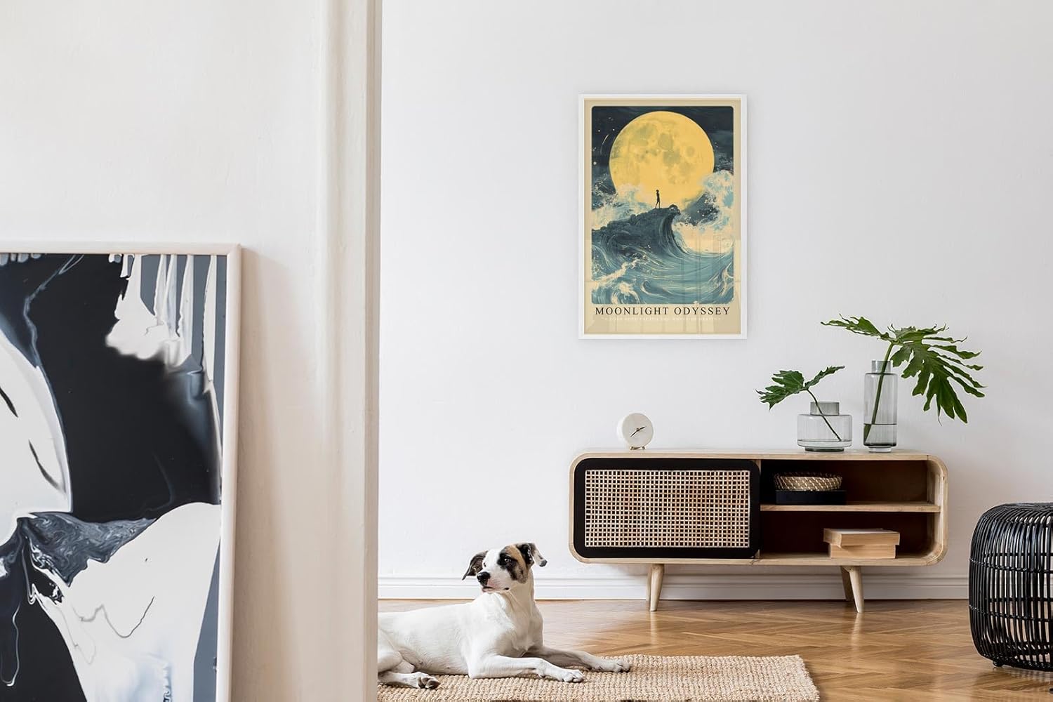 Paul Sinus Leinwandbild 80x120cm Moonlight Odyssey – Mystische Mondszene mit einsamer Silhouette auf einer Welle, umgeben von stürmischem Meer