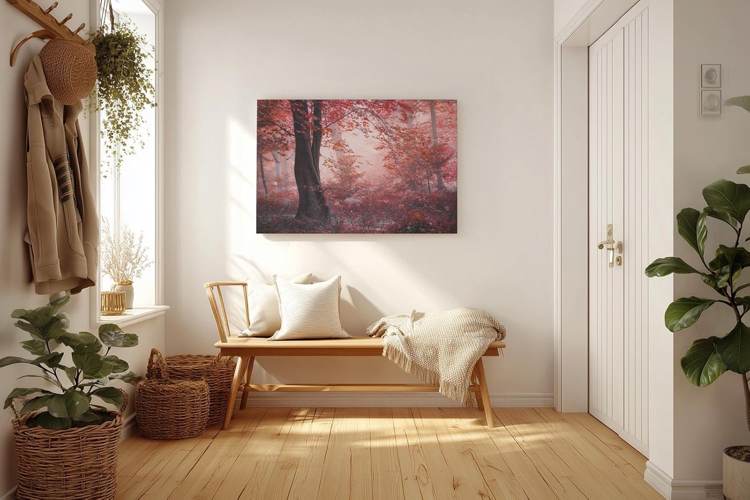 Sinus Art Wandbild 120x80cm Roter Herbstwald mit dichter Vegetation und nebligem Licht – geheimnisvoll und bezaubernd