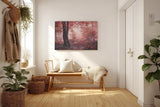 Sinus Art Wandbild 120x80cm Roter Herbstwald mit dichter Vegetation und nebligem Licht – geheimnisvoll und bezaubernd
