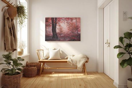 Sinus Art Wandbild 120x80cm Roter Herbstwald mit dichter Vegetation und nebligem Licht – geheimnisvoll und bezaubernd