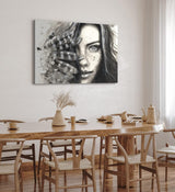 Wandbild 120x80cm Porträt einer jungen Frau Kunstvoll Schönheit Federn