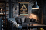 Paul Sinus Wandbild in 40x60cm The Geometric Code – Abstraktes Design mit überlappenden goldenen Dreiecken und Kreisen auf dunkler Texturfläche