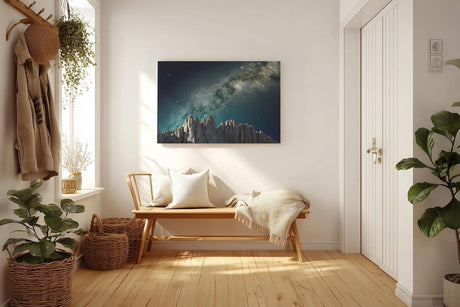 Sinus Art Wandbild 120x80cm Sternenreiche Milchstraße über schroffer Gebirgslandschaft in dunklem Farbspektrum