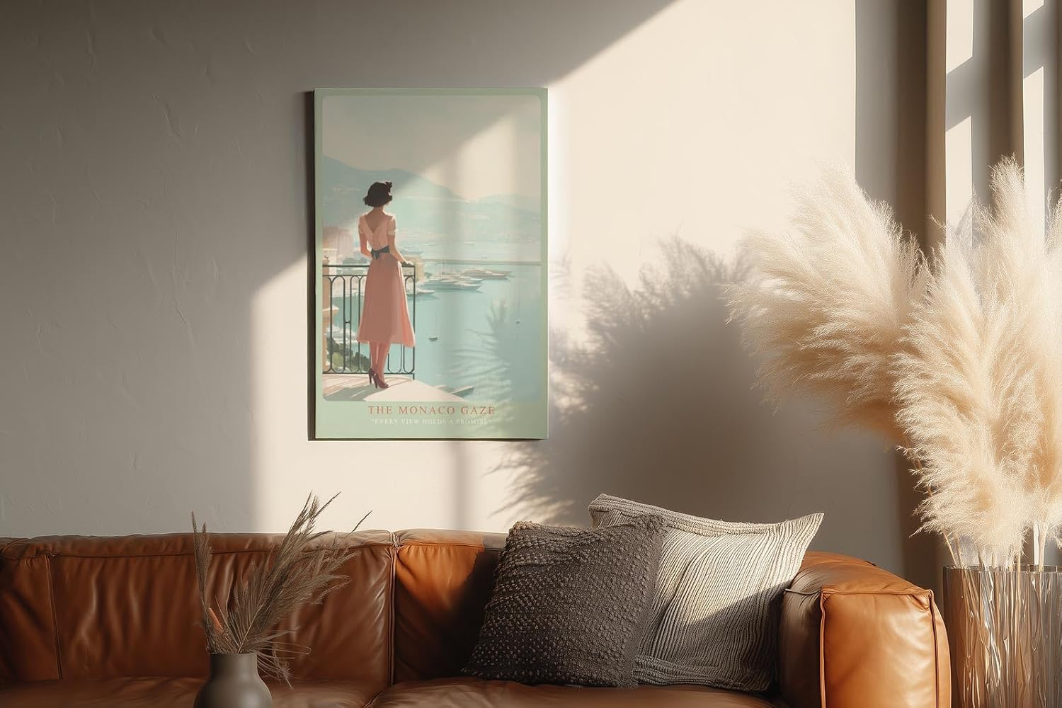 Paul Sinus Wandbild in 40x60cm elegante Frau mit Blick auf Yachthafen von Monaco in pastelligen Farben – stilvolles Retro-Reiseposter für zeitlose Wohnakzente