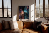 Paul Sinus Wandbild in 40x60cm Cosmic Whispers – zwei Silhouetten im Dialog aus farbenreichen, kosmischen Mustern, moderne Kunst mit Tiefe