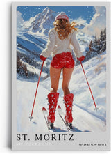 Paul Sinus Leinwandbild 60x90cm Leinwandbild St. Moritz Skifahren Winterzauber Alpen stilvolle Eleganz sportliche Ästhetik luxuriöser Lifestyle Retro