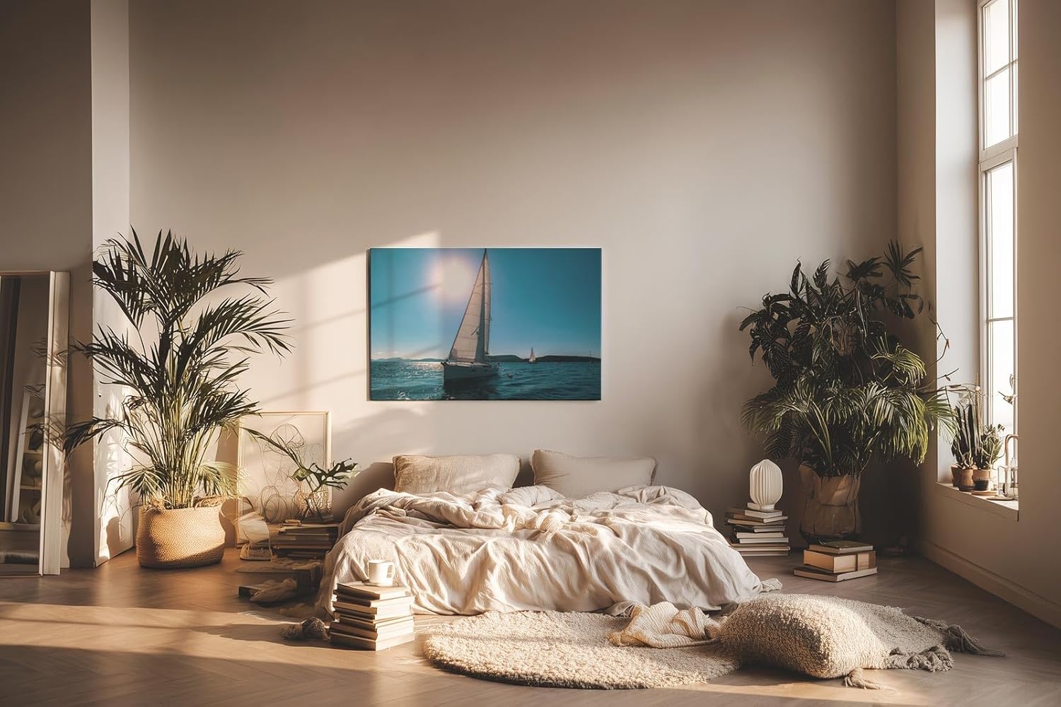 Sinus Art Wandbild 120x80cm Friedvolle Szene eines Segelboots unter blauem Himmel mit strahlendem Sonnenschein