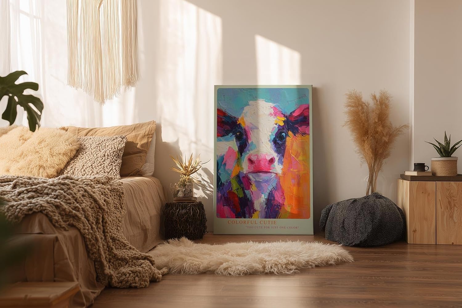 Paul Sinus Wandbild in 80x120cm Colorful Cutie – Buntes Kuh-Porträt im modernen Acrylstil, farbenfrohe Kunst für ein lebendiges Ambiente