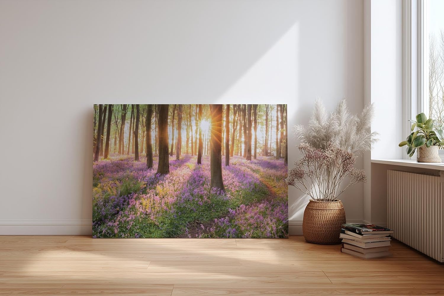 Sinus Art Wandbild 120x80cm Waldszene mit violetten Blüten und einfallender Sonne für verträumte Atmosphäre