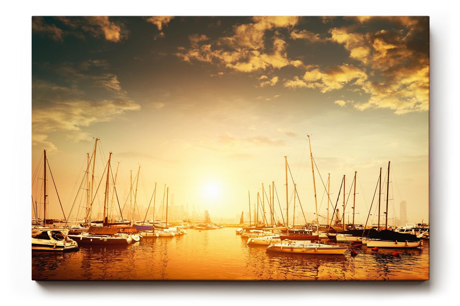 Sinus Art Wandbild 120x80cm Wunderschöner Sonnenuntergang über ruhigem Wasser mit segelnden Booten