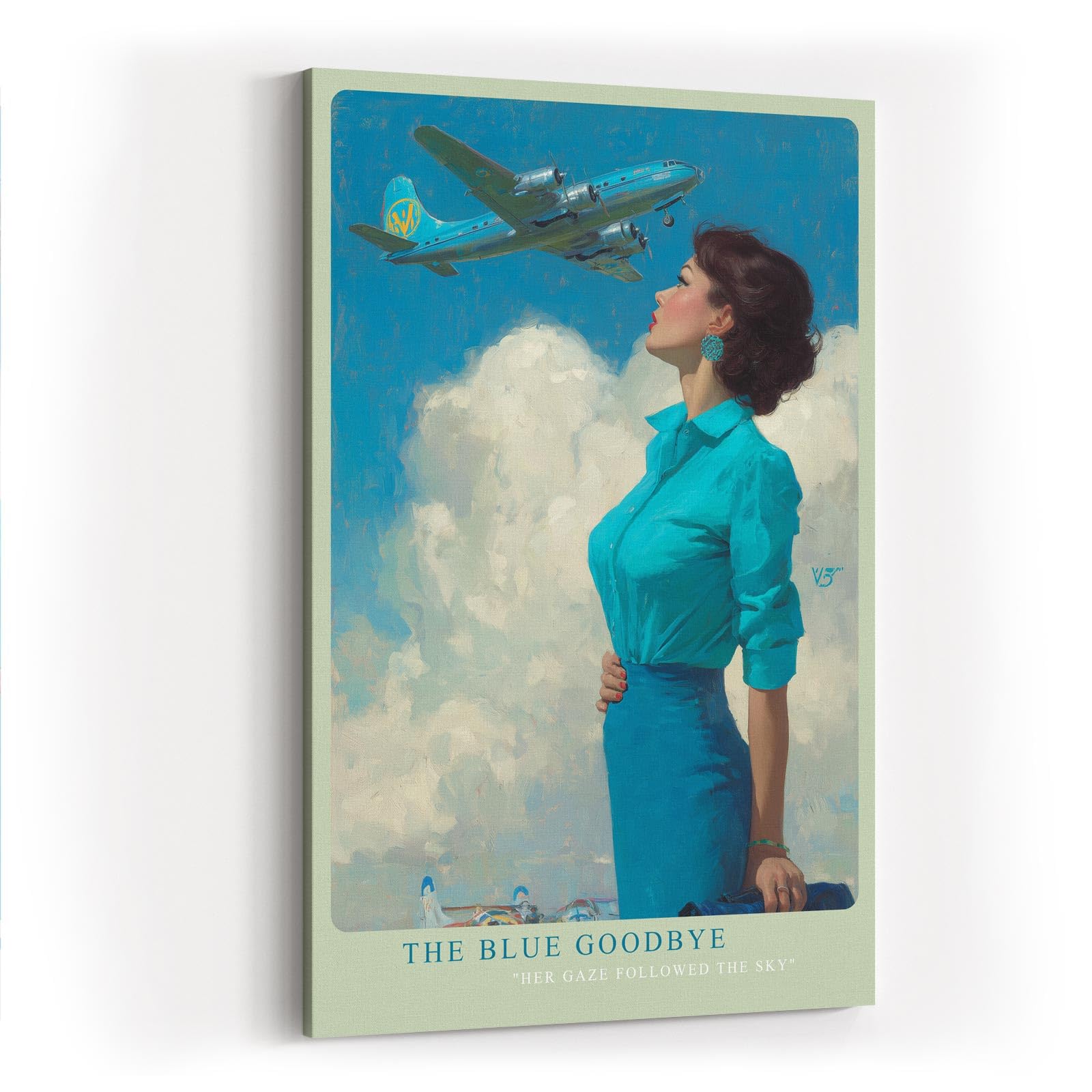 Paul Sinus Wandbild in 40x60cm The Blue Goodbye mit stilvoller Frau im Retro-Look und Flugzeug am Himmel für elegante Wandgestaltung