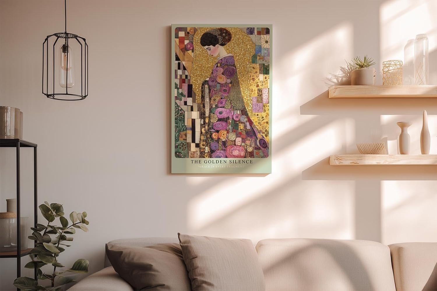 Paul Sinus Wandbild in 80x120cm The Golden Silence – kunstvolles Porträt im goldenen Mosaikstil mit floralen Ornamenten für stilvolle Raumgestaltung