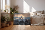 Sinus Art Wandbild 120x80cm Massiver schneebedeckter Berg ragt in dramatisches Lichtspiel – eindrucksvoll und still