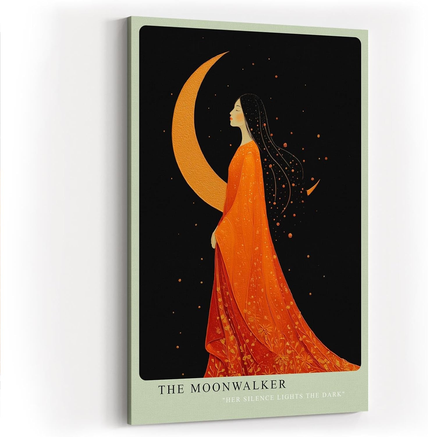 Paul Sinus Wandbild in 40x60cm The Moonwalker Illustration einer Frau im orangefarbenen Kleid vor Mondsichel mit eleganter, verträumter Ausstrahlung