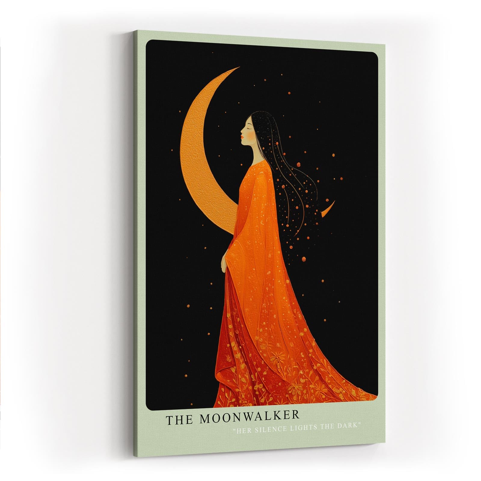 Paul Sinus Wandbild in 40x60cm The Moonwalker Illustration einer Frau im orangefarbenen Kleid vor Mondsichel mit eleganter, verträumter Ausstrahlung