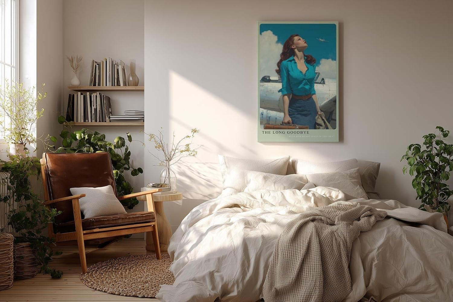 Paul Sinus Wandbild in 40x60cm The Long Goodbye mit stilvoller Frau vor silbernem Flugzeug und Blick in den Himmel für elegante Wandgestaltung