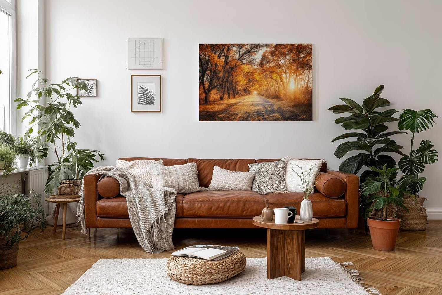 Sinus Art Wandbild 120x80cm Faszinierende Herbstallee mit goldenen Blättern und Lichtspiel in der Natur