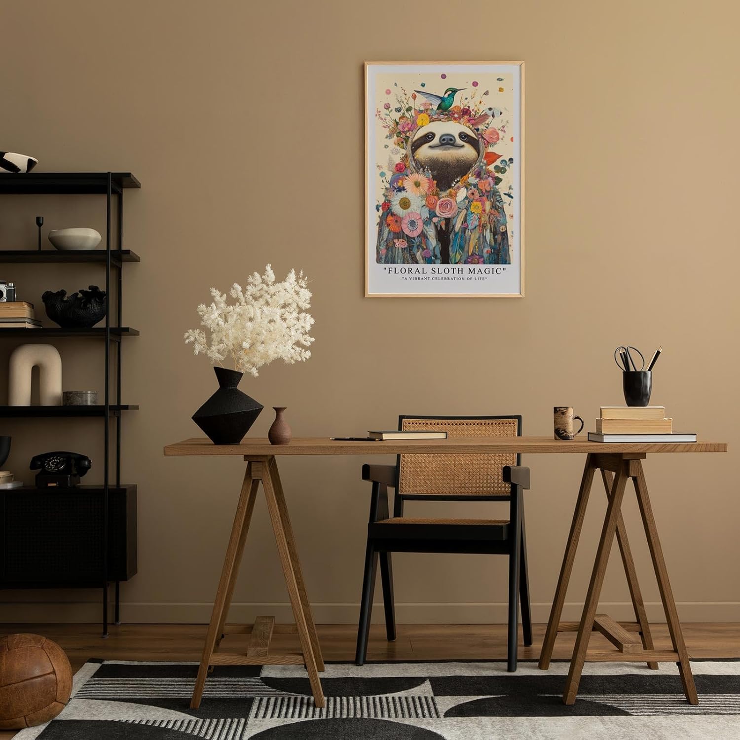 Paul Sinus Leinwandbild 60x90cm verträumtes Faultier in blumiger Magie mit filigranen Details und farbenfroher Natur – kunstvolles Leinwandbild