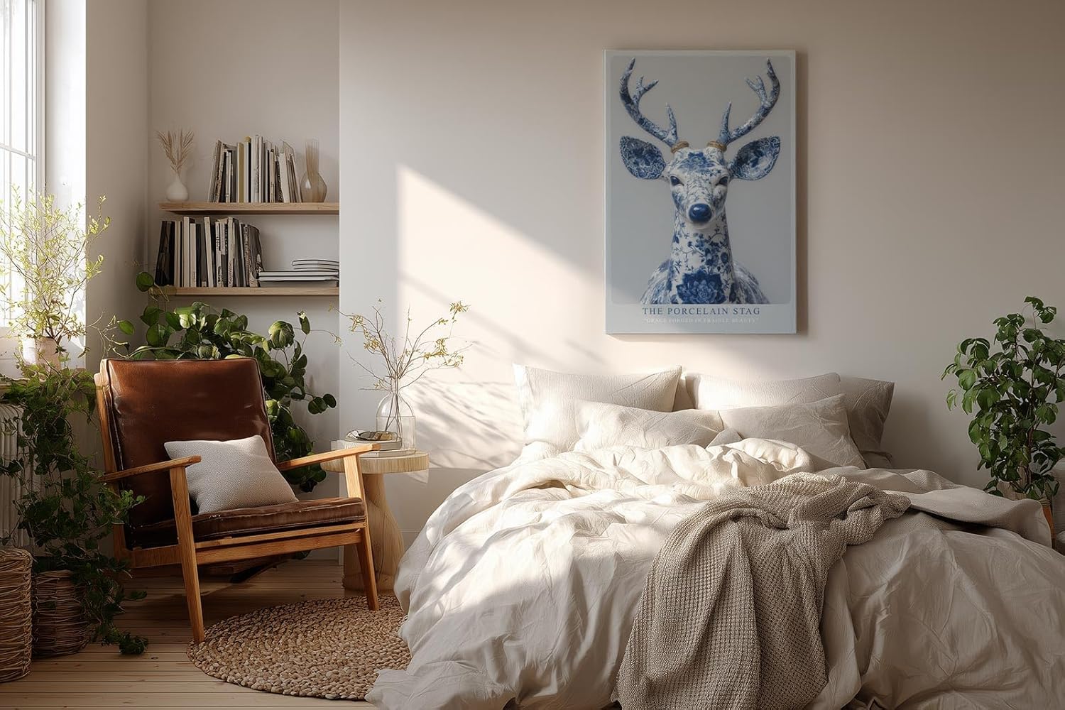 Paul Sinus Wandbild in 40x60cm The Porcelain Stag in edler Blau-Weiß-Optik – kunstvolle Hirschdarstellung mit filigranen Mustern für stilvolle Wohnräume